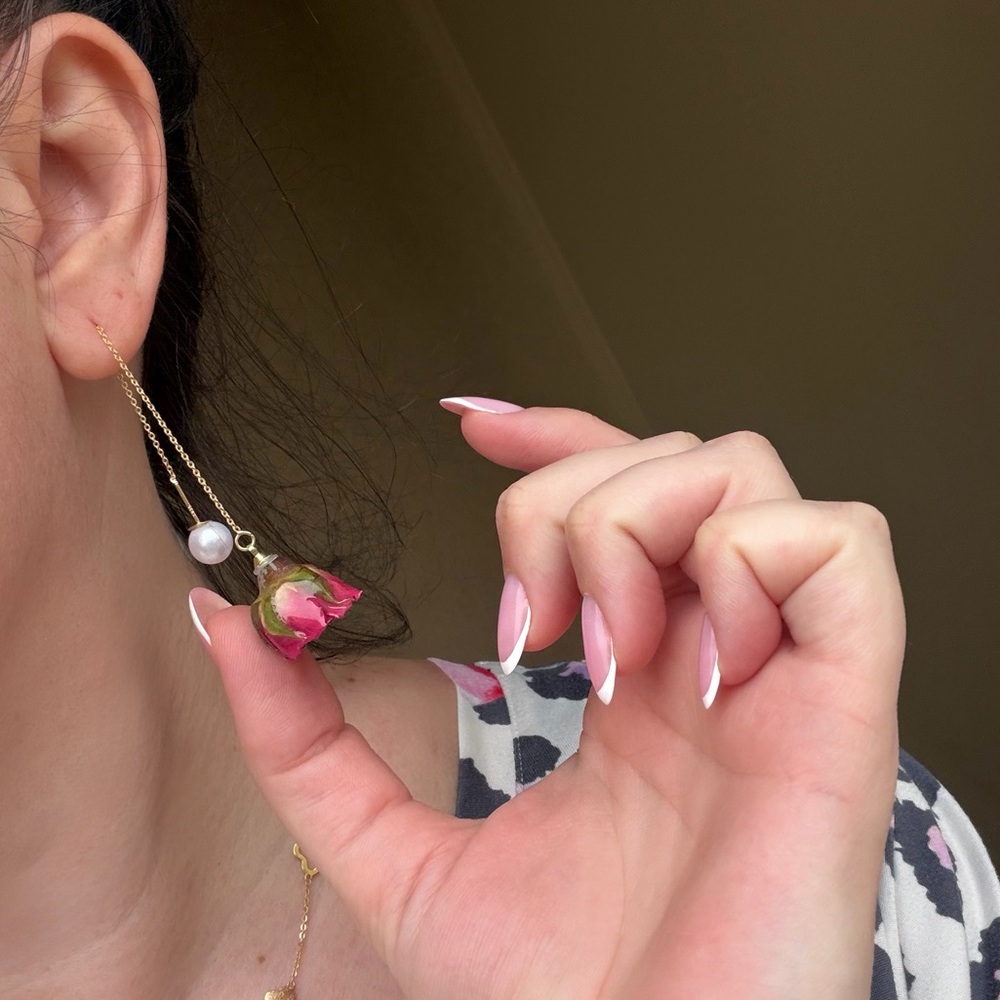 Rose Flower Dangle Earrings with Pearl - Picture 4 of 4